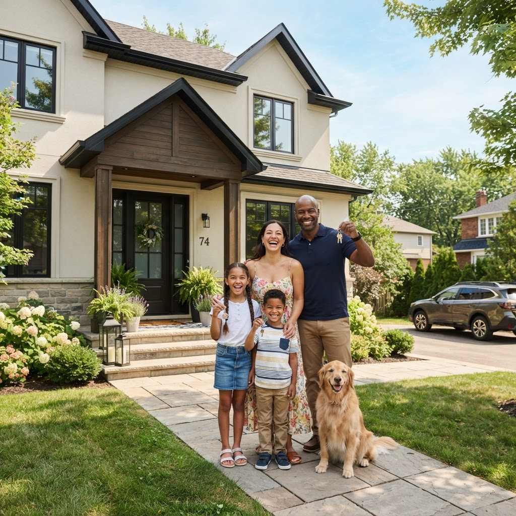 A happy family holding keys in front of their new home